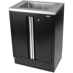 Black BUNKER 31034 two-door garage floor cabinet with stainless-steel sink