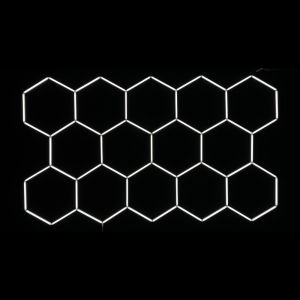 Dimmable 14-grid hexagon LED ceiling lighting layout illuminated white on black background