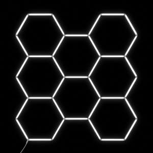 Dimmable 8-grid white hexagon LED ceiling lighting layout against black background