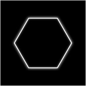 Single dimmable white hexagon LED ceiling light illuminated on a black background