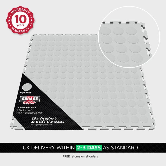 Garage-Style-Premium-Raised-Disc-Flooring-Tile-Light-Grey-1.jpg Illustrative product image: Workshop Raised Disc PVC Floor Tiles - per m²